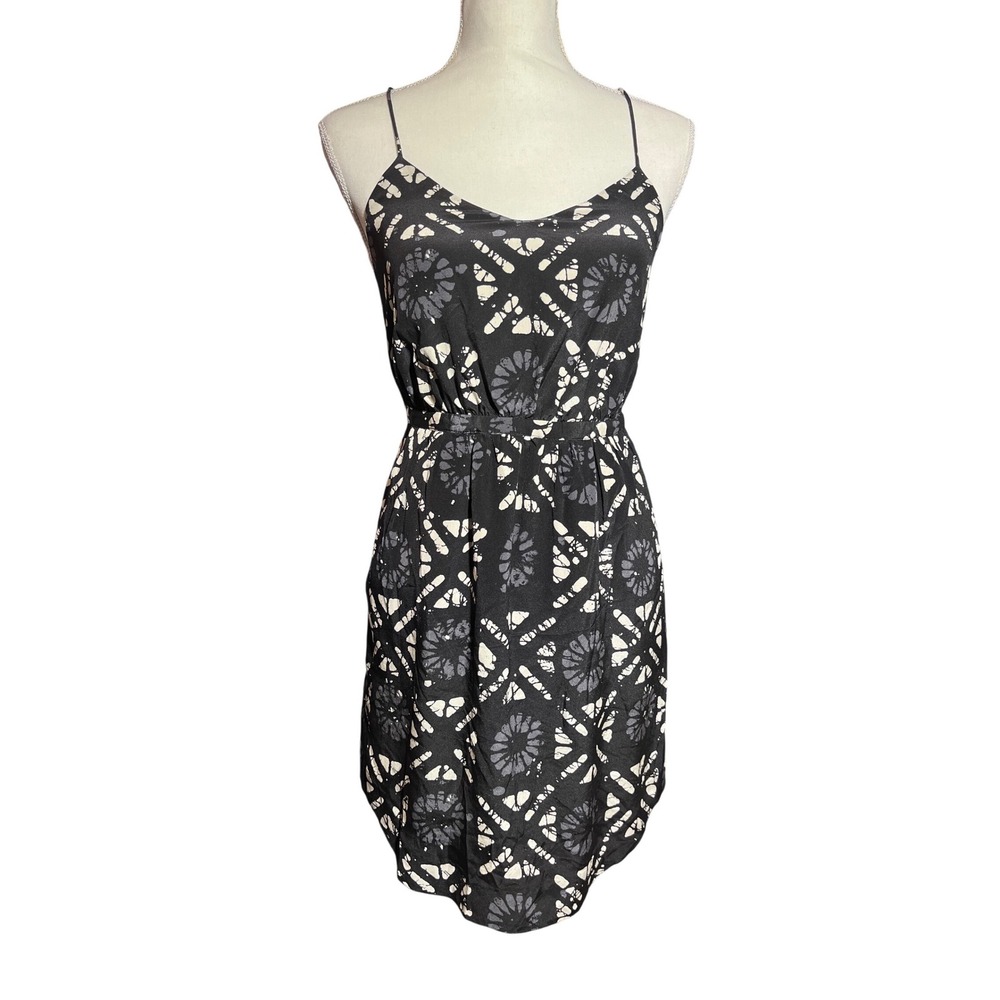 Madewell 100% Silk Batik Print Chic Mini Dress Black White Spaghetti Strap